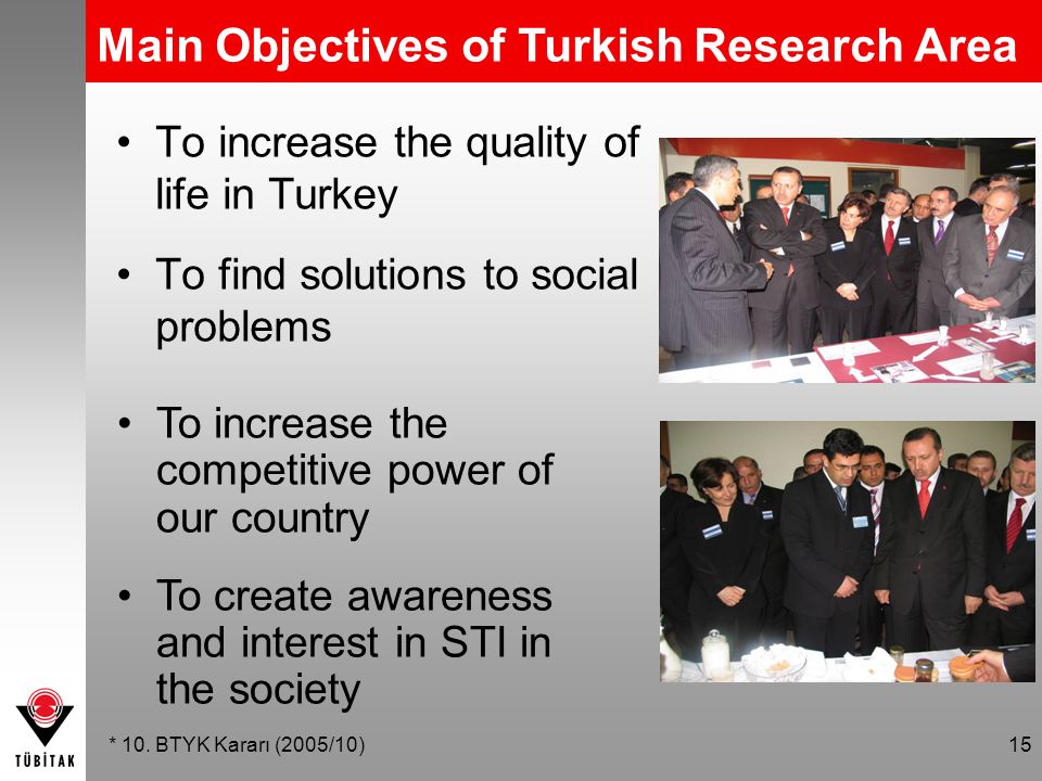 15 To increase the quality of life in Turkey To find solutions to social problems Main Objectives of Turkish Research Area * 10.