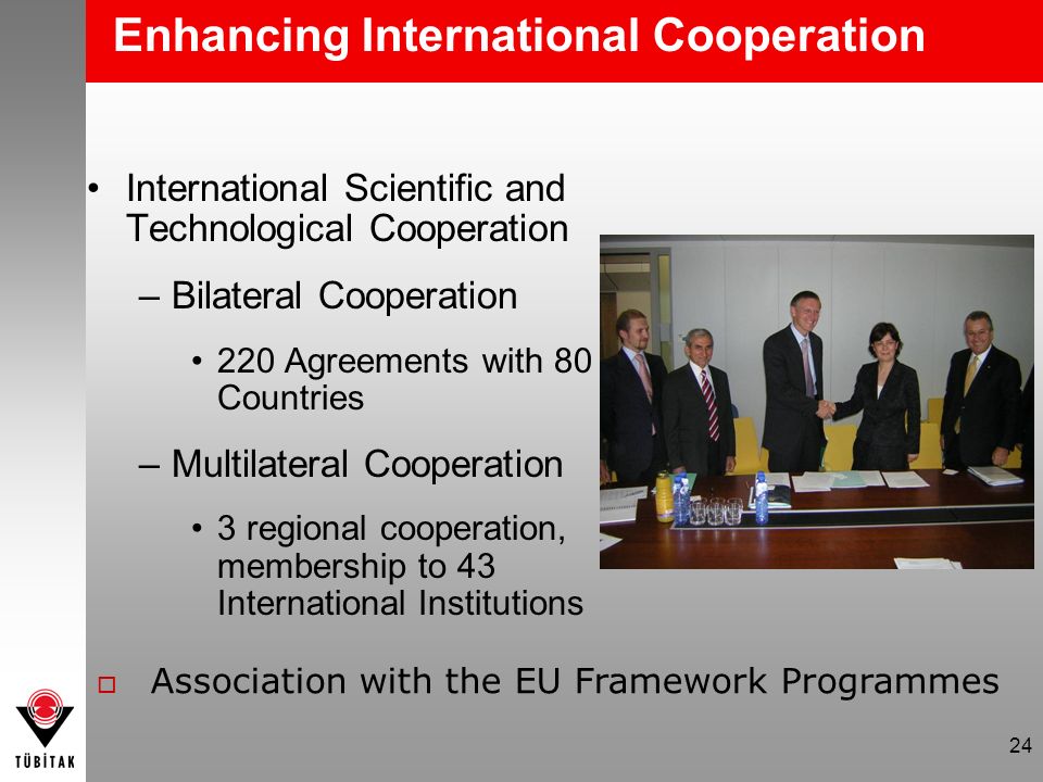 24 Enhancing International Cooperation International Scientific and Technological Cooperation –Bilateral Cooperation 220 Agreements with 80 Countries –Multilateral Cooperation 3 regional cooperation, membership to 43 International Institutions  Association with the EU Framework Programmes