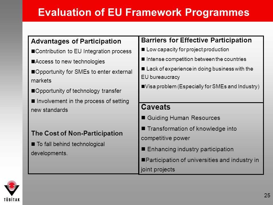 25 Evaluation of EU Framework Programmes Advantages of Participation Contribution to EU Integration process Access to new technologies Opportunity for SMEs to enter external markets Opportunity of technology transfer Involvement in the process of setting new standards The Cost of Non-Participation To fall behind technological developments.