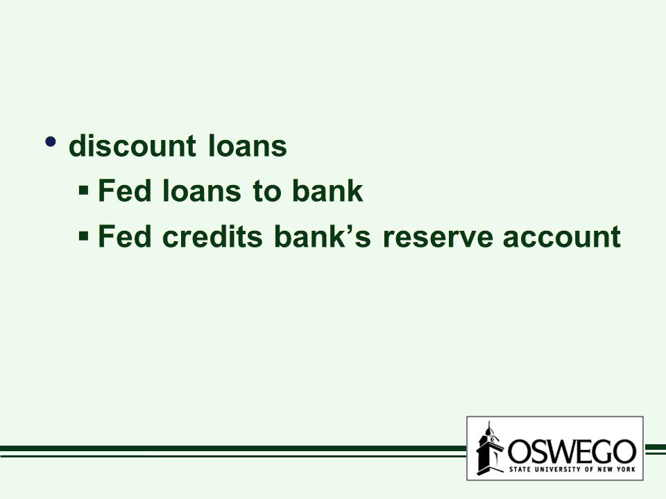 discount loans  Fed loans to bank  Fed credits bank’s reserve account discount loans  Fed loans to bank  Fed credits bank’s reserve account