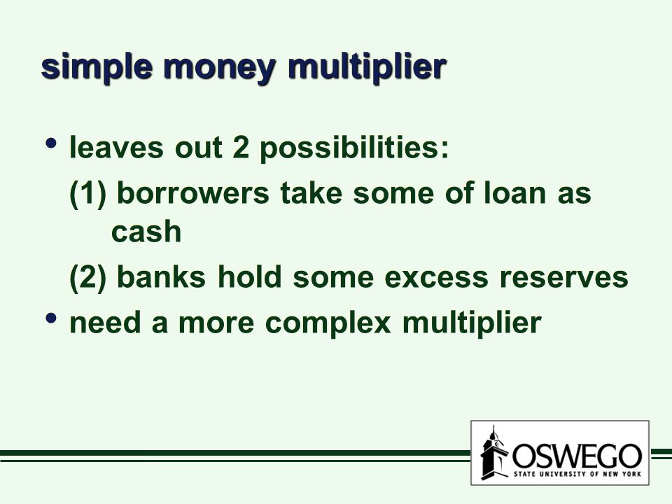 simple money multiplier leaves out 2 possibilities: (1) borrowers take some of loan as cash (2) banks hold some excess reserves need a more complex multiplier leaves out 2 possibilities: (1) borrowers take some of loan as cash (2) banks hold some excess reserves need a more complex multiplier