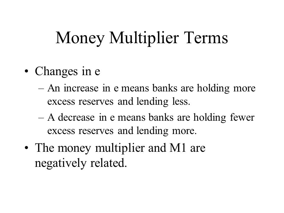 Money Multiplier Terms Changes in e –An increase in e means banks are holding more excess reserves and lending less.