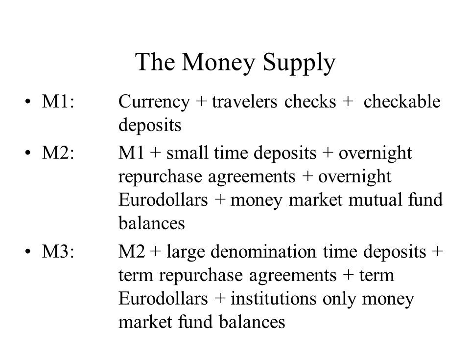The Money Supply M1:Currency + travelers checks + checkable deposits M2:M1 + small time deposits + overnight repurchase agreements + overnight Eurodollars + money market mutual fund balances M3:M2 + large denomination time deposits + term repurchase agreements + term Eurodollars + institutions only money market fund balances