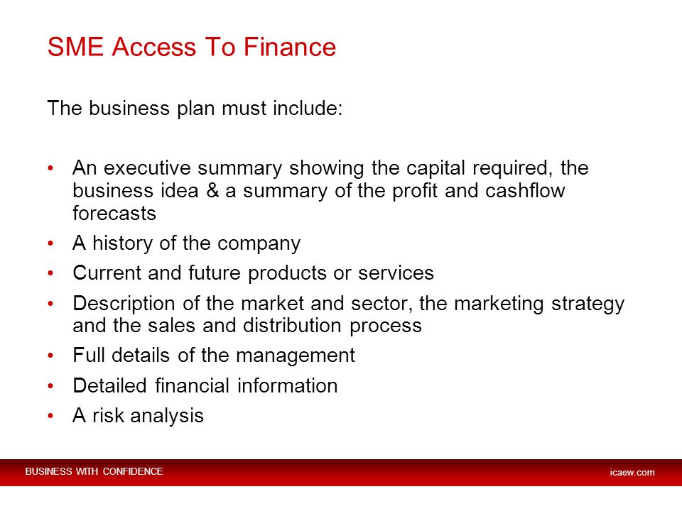 BUSINESS WITH CONFIDENCE icaew.com SME Access To Finance The business plan must include: An executive summary showing the capital required, the business idea & a summary of the profit and cashflow forecasts A history of the company Current and future products or services Description of the market and sector, the marketing strategy and the sales and distribution process Full details of the management Detailed financial information A risk analysis