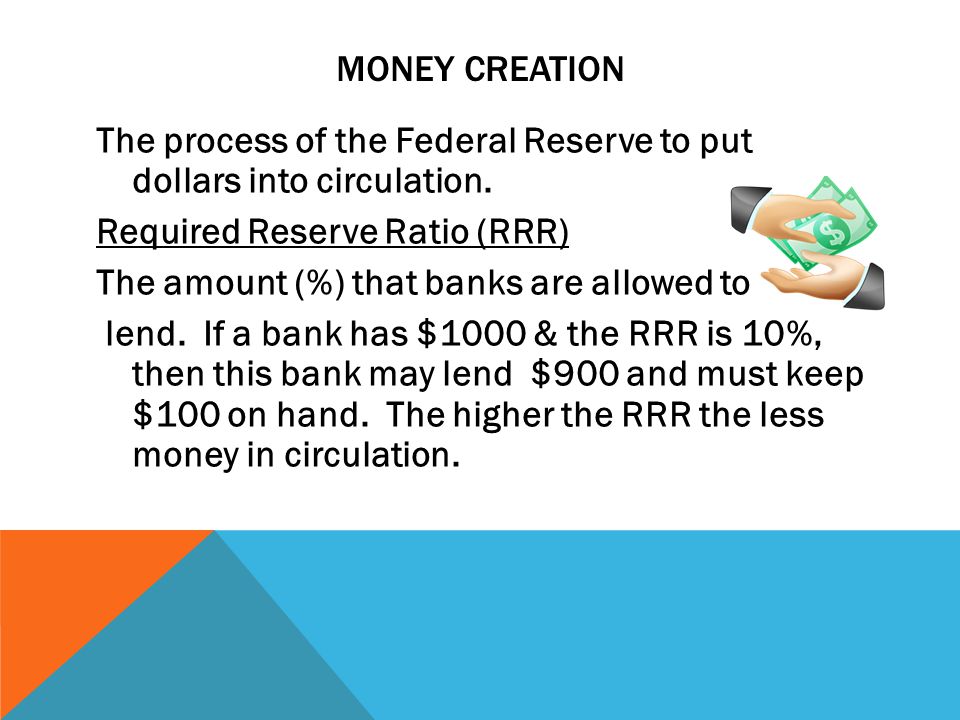 MONEY CREATION The process of the Federal Reserve to put dollars into circulation.