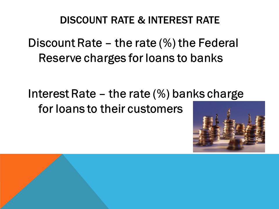 DISCOUNT RATE & INTEREST RATE Discount Rate – the rate (%) the Federal Reserve charges for loans to banks Interest Rate – the rate (%) banks charge for loans to their customers