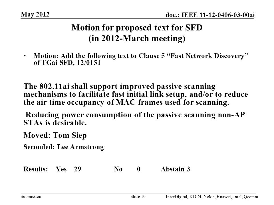 Submission doc.: IEEE ai Motion for proposed text for SFD (in 2012-March meeting) Motion: Add the following text to Clause 5 Fast Network Discovery of TGai SFD, 12/0151 The ai shall support improved passive scanning mechanisms to facilitate fast initial link setup, and/or to reduce the air time occupancy of MAC frames used for scanning.