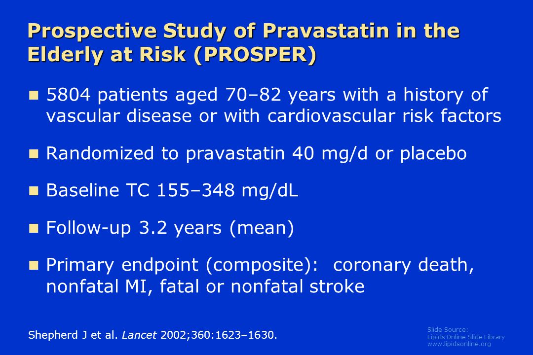 Slide Source: Lipids Online Slide Library   Prospective Study of Pravastatin in the Elderly at Risk (PROSPER) 5804 patients aged 70–82 years with a history of vascular disease or with cardiovascular risk factors Randomized to pravastatin 40 mg/d or placebo Baseline TC 155–348 mg/dL Follow-up 3.2 years (mean) Primary endpoint (composite): coronary death, nonfatal MI, fatal or nonfatal stroke Shepherd J et al.