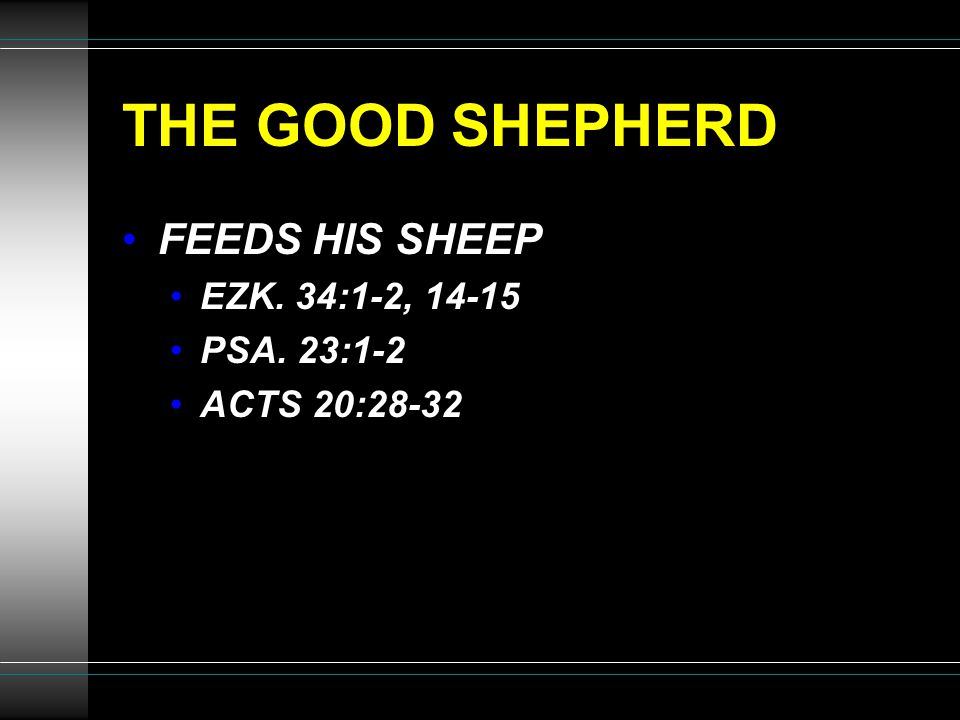 THE GOOD SHEPHERD FEEDS HIS SHEEP EZK. 34:1-2, PSA. 23:1-2 ACTS 20:28-32