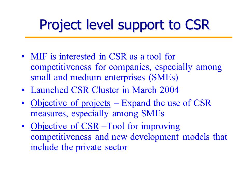 16 Project level support to CSR MIF is interested in CSR as a tool for competitiveness for companies, especially among small and medium enterprises (SMEs) Launched CSR Cluster in March 2004 Objective of projects – Expand the use of CSR measures, especially among SMEs Objective of CSR –Tool for improving competitiveness and new development models that include the private sector