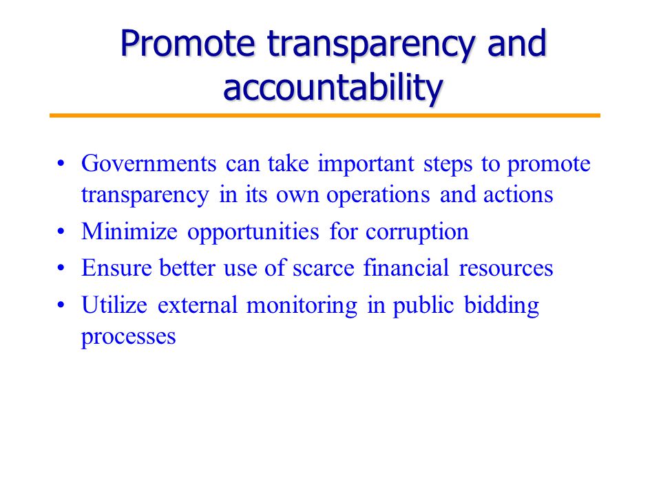 6 Promote transparency and accountability Governments can take important steps to promote transparency in its own operations and actions Minimize opportunities for corruption Ensure better use of scarce financial resources Utilize external monitoring in public bidding processes