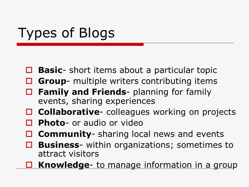 Types of Blogs  Basic- short items about a particular topic  Group- multiple writers contributing items  Family and Friends- planning for family events, sharing experiences  Collaborative- colleagues working on projects  Photo- or audio or video  Community- sharing local news and events  Business- within organizations; sometimes to attract visitors  Knowledge- to manage information in a group