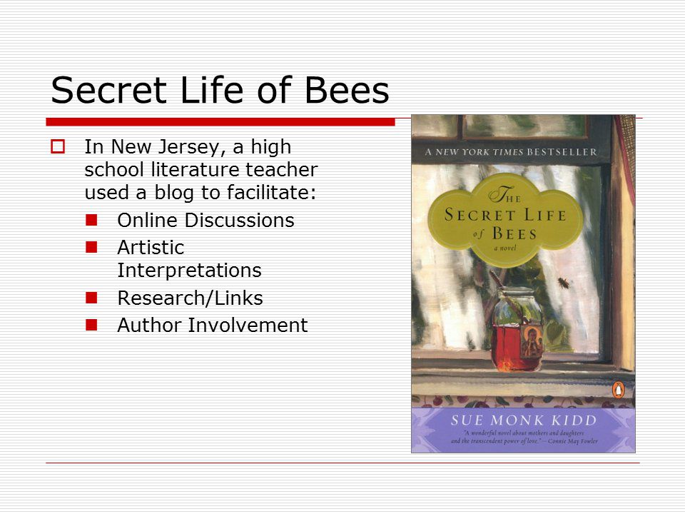 Secret Life of Bees  In New Jersey, a high school literature teacher used a blog to facilitate: Online Discussions Artistic Interpretations Research/Links Author Involvement