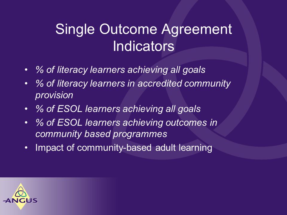 Single Outcome Agreement Indicators % of literacy learners achieving all goals % of literacy learners in accredited community provision % of ESOL learners achieving all goals % of ESOL learners achieving outcomes in community based programmes Impact of community-based adult learning