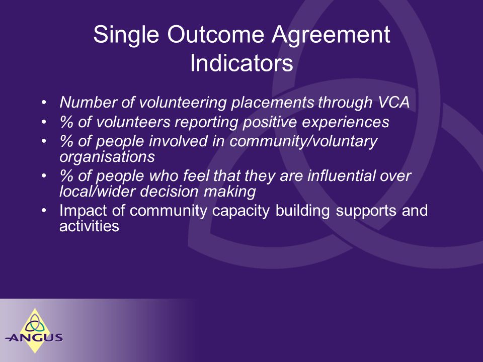 Single Outcome Agreement Indicators Number of volunteering placements through VCA % of volunteers reporting positive experiences % of people involved in community/voluntary organisations % of people who feel that they are influential over local/wider decision making Impact of community capacity building supports and activities