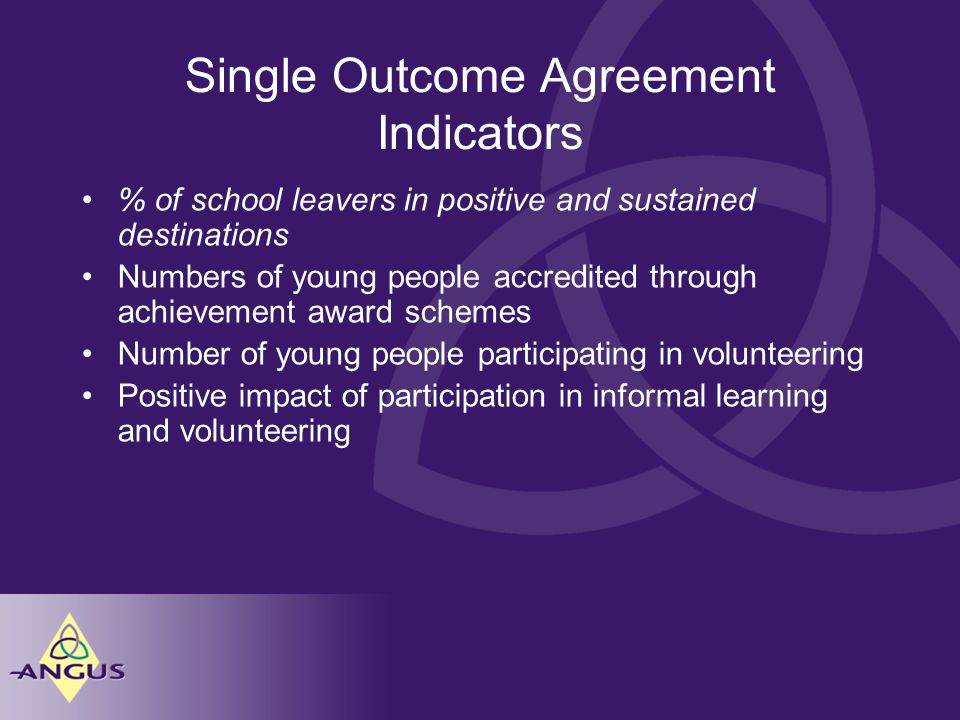 Single Outcome Agreement Indicators % of school leavers in positive and sustained destinations Numbers of young people accredited through achievement award schemes Number of young people participating in volunteering Positive impact of participation in informal learning and volunteering