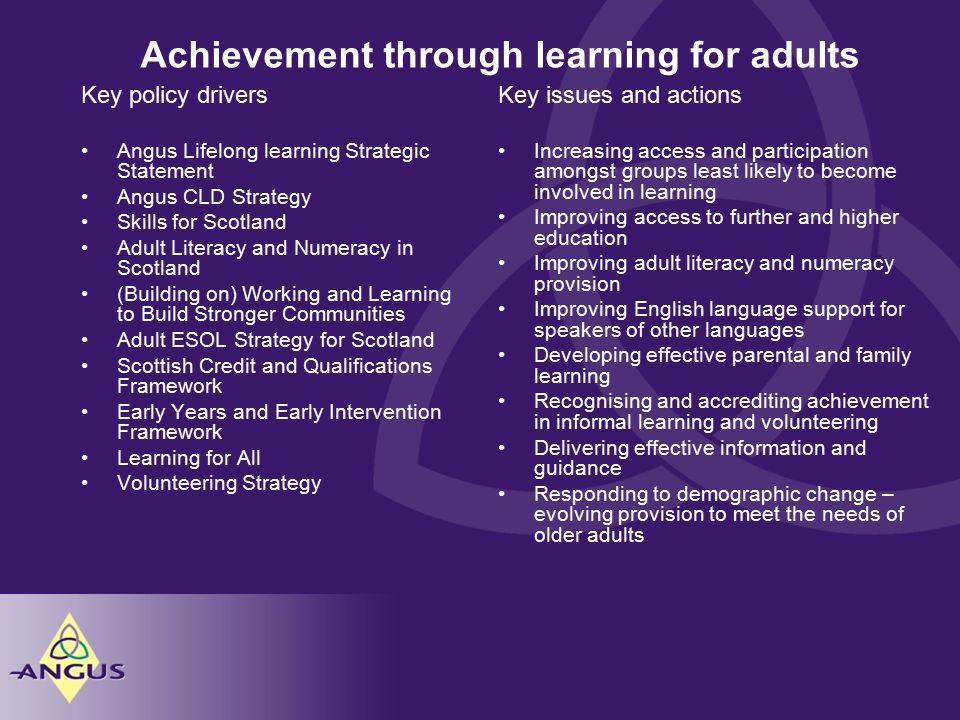 Achievement through learning for adults Key issues and actions Increasing access and participation amongst groups least likely to become involved in learning Improving access to further and higher education Improving adult literacy and numeracy provision Improving English language support for speakers of other languages Developing effective parental and family learning Recognising and accrediting achievement in informal learning and volunteering Delivering effective information and guidance Responding to demographic change – evolving provision to meet the needs of older adults Key policy drivers Angus Lifelong learning Strategic Statement Angus CLD Strategy Skills for Scotland Adult Literacy and Numeracy in Scotland (Building on) Working and Learning to Build Stronger Communities Adult ESOL Strategy for Scotland Scottish Credit and Qualifications Framework Early Years and Early Intervention Framework Learning for All Volunteering Strategy