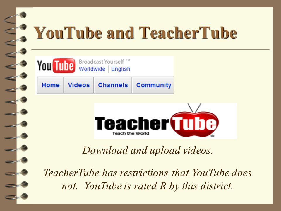 YouTube and TeacherTube Download and upload videos.