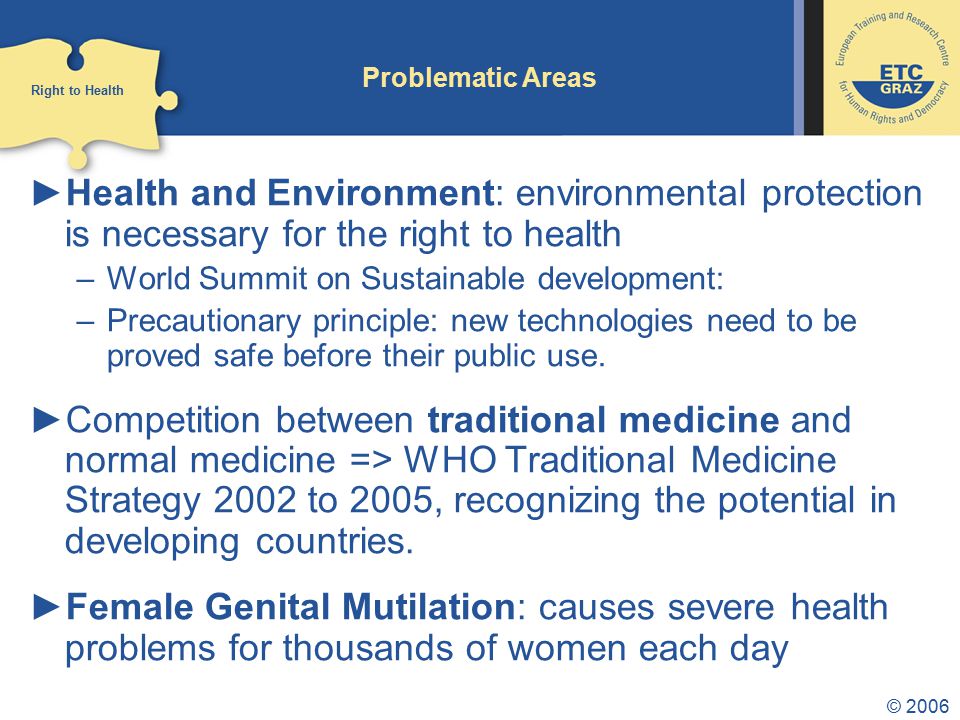 © 2006 Problematic Areas ►Health and Environment: environmental protection is necessary for the right to health –World Summit on Sustainable development: –Precautionary principle: new technologies need to be proved safe before their public use.