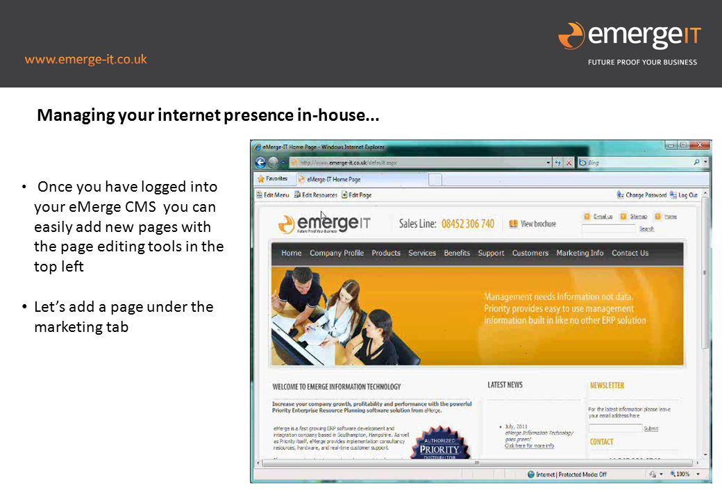 Picture to fill this blue space Once you have logged into your eMerge CMS you can easily add new pages with the page editing tools in the top left Let’s add a page under the marketing tab Managing your internet presence in-house...