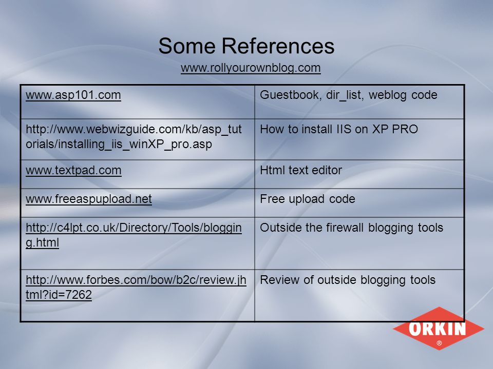 Some References   dir_list, weblog code   orials/installing_iis_winXP_pro.asp How to install IIS on XP PRO   text editor   upload code   g.html Outside the firewall blogging tools   tml id=7262 Review of outside blogging tools