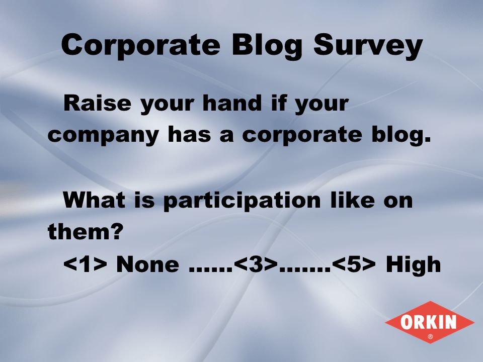 Corporate Blog Survey Raise your hand if your company has a corporate blog.