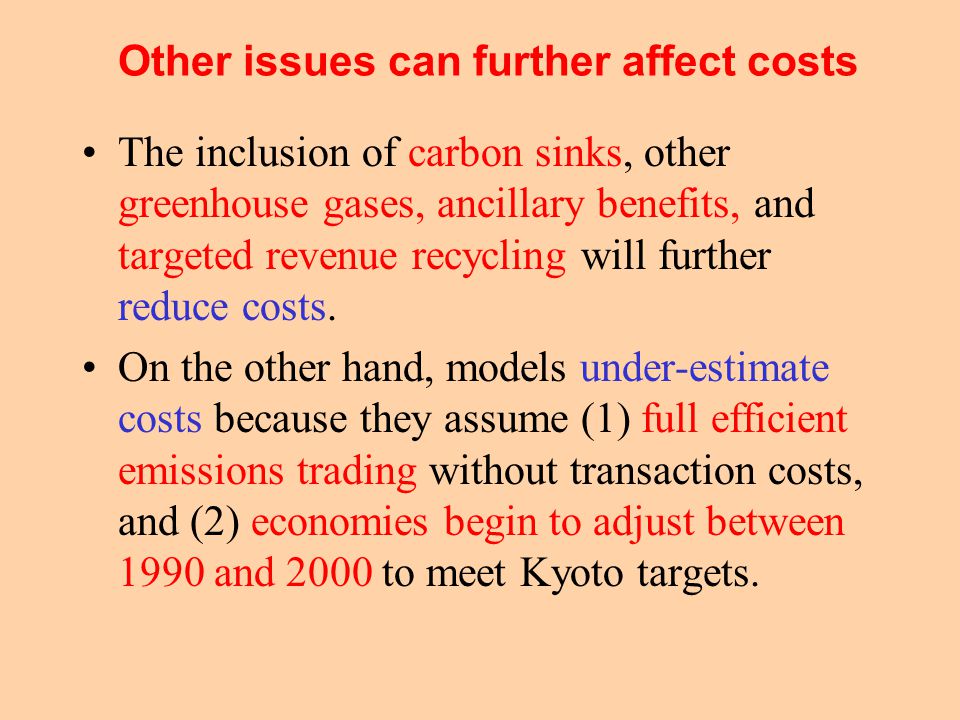 Other issues can further affect costs The inclusion of carbon sinks, other greenhouse gases, ancillary benefits, and targeted revenue recycling will further reduce costs.