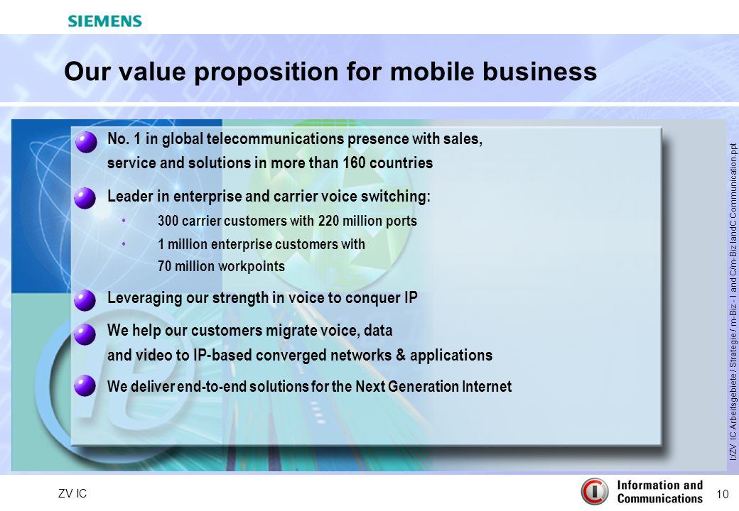 10 ZV IC I:/ZV IC Arbeitsgebiete / Strategie / m-Biz - I and C/m-Biz IandC Communication.ppt Our value proposition for mobile business No.