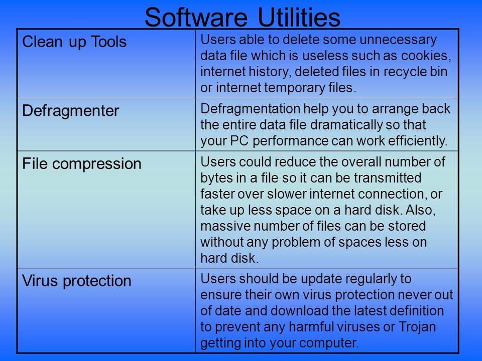 Software Utilities Clean up Tools Users able to delete some unnecessary data file which is useless such as cookies, internet history, deleted files in recycle bin or internet temporary files.
