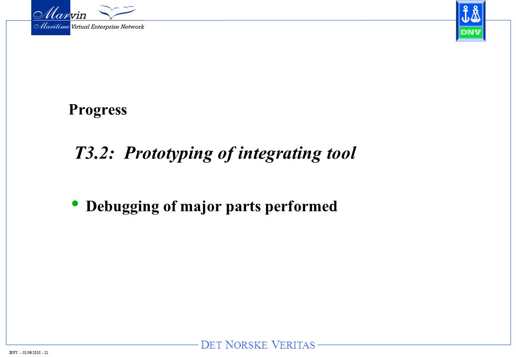 D ET N ORSKE V ERITAS DNV - 01/06/ Progress T3.2: Prototyping of integrating tool Debugging of major parts performed