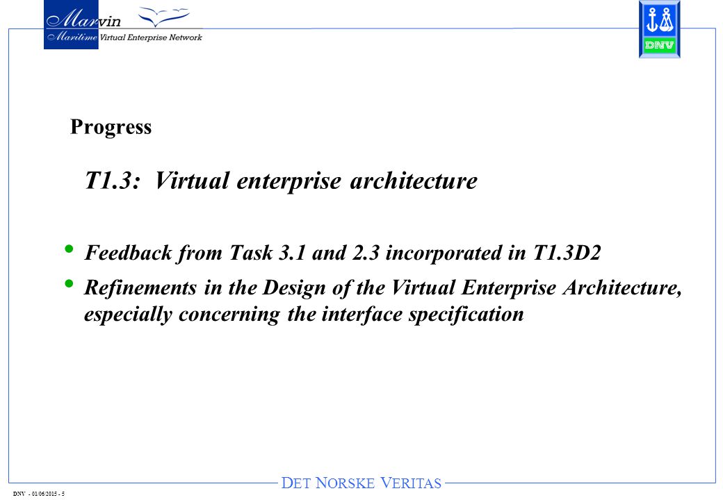 D ET N ORSKE V ERITAS DNV - 01/06/ Progress T1.3: Virtual enterprise architecture Feedback from Task 3.1 and 2.3 incorporated in T1.3D2 Refinements in the Design of the Virtual Enterprise Architecture, especially concerning the interface specification