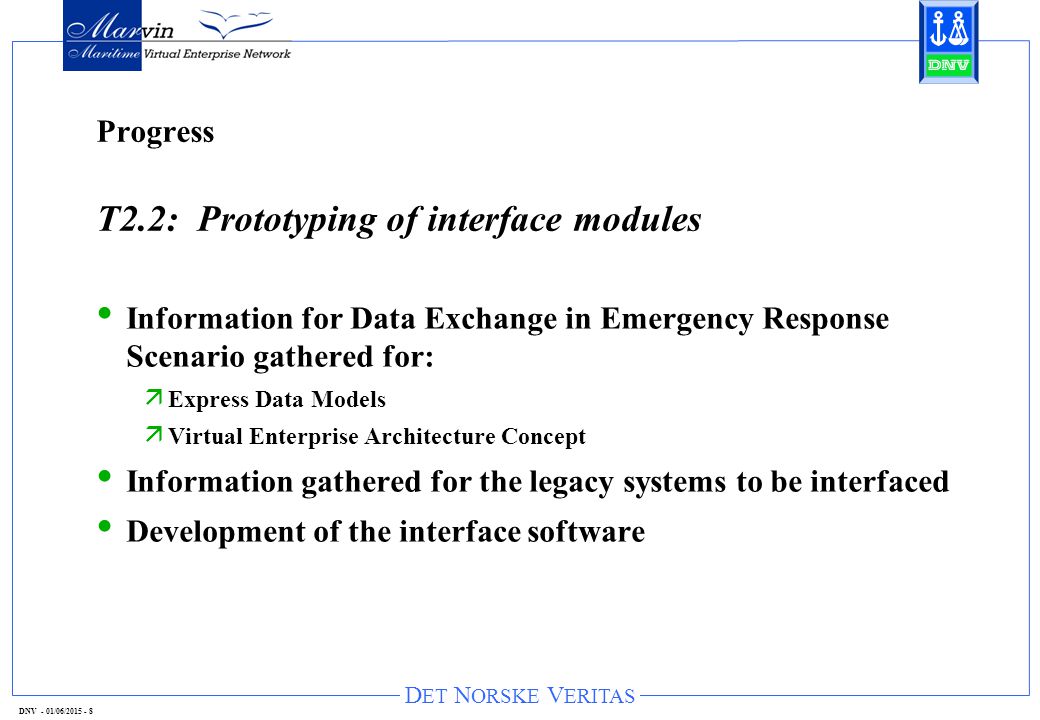 D ET N ORSKE V ERITAS DNV - 01/06/ Progress T2.2: Prototyping of interface modules Information for Data Exchange in Emergency Response Scenario gathered for: ä Express Data Models ä Virtual Enterprise Architecture Concept Information gathered for the legacy systems to be interfaced Development of the interface software