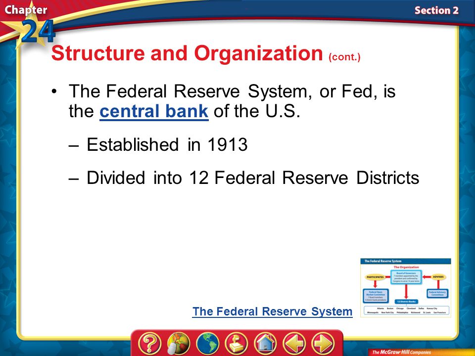 Section 2 Structure and Organization (cont.) The Federal Reserve System, or Fed, is the central bank of the U.S.central bank –Established in 1913 –Divided into 12 Federal Reserve Districts The Federal Reserve System