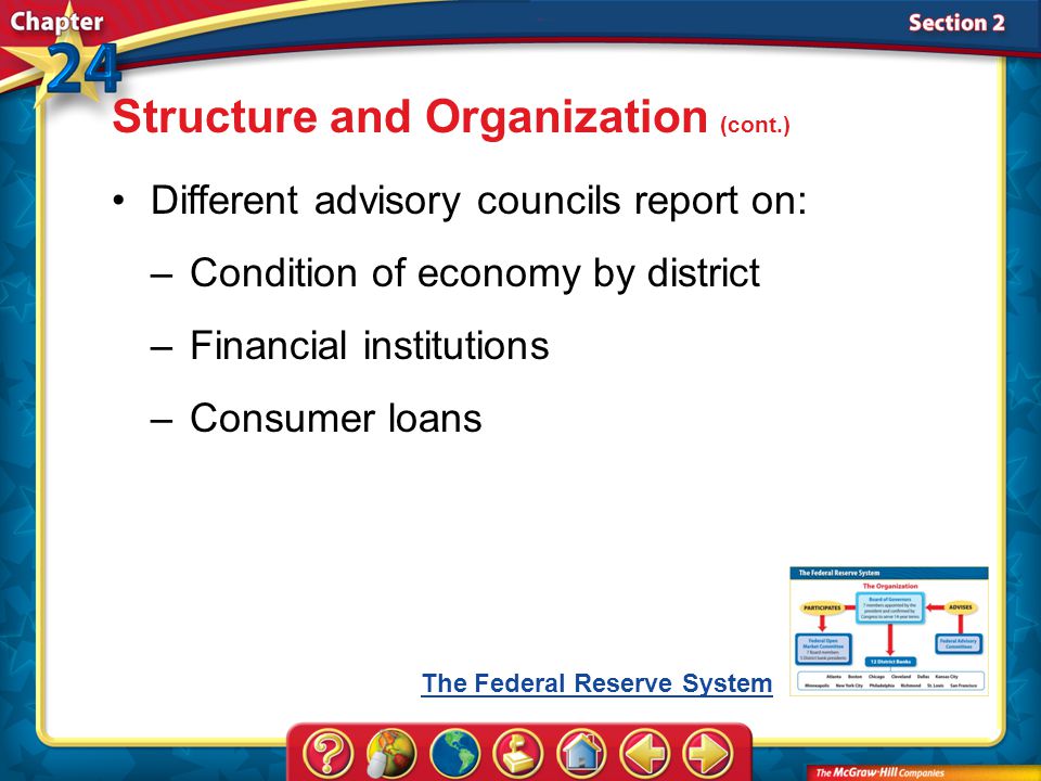 Section 2 Different advisory councils report on: –Condition of economy by district –Financial institutions –Consumer loans Structure and Organization (cont.) The Federal Reserve System