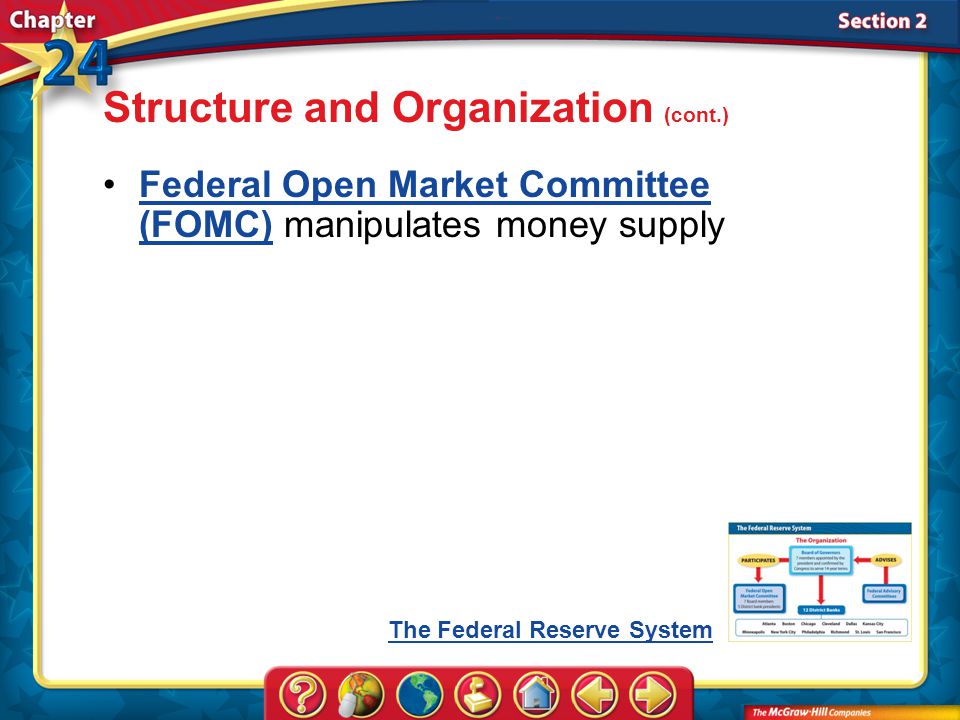 Section 2 Federal Open Market Committee (FOMC) manipulates money supplyFederal Open Market Committee (FOMC) Structure and Organization (cont.) The Federal Reserve System