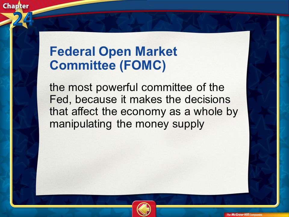 Vocab9 Federal Open Market Committee (FOMC) the most powerful committee of the Fed, because it makes the decisions that affect the economy as a whole by manipulating the money supply