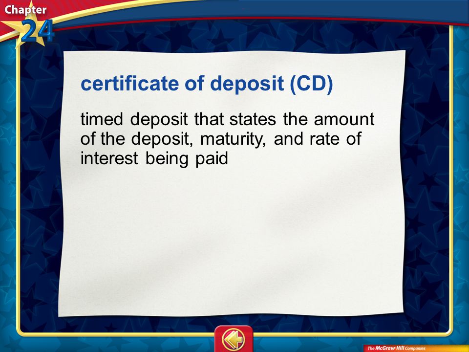 Vocab18 certificate of deposit (CD) timed deposit that states the amount of the deposit, maturity, and rate of interest being paid