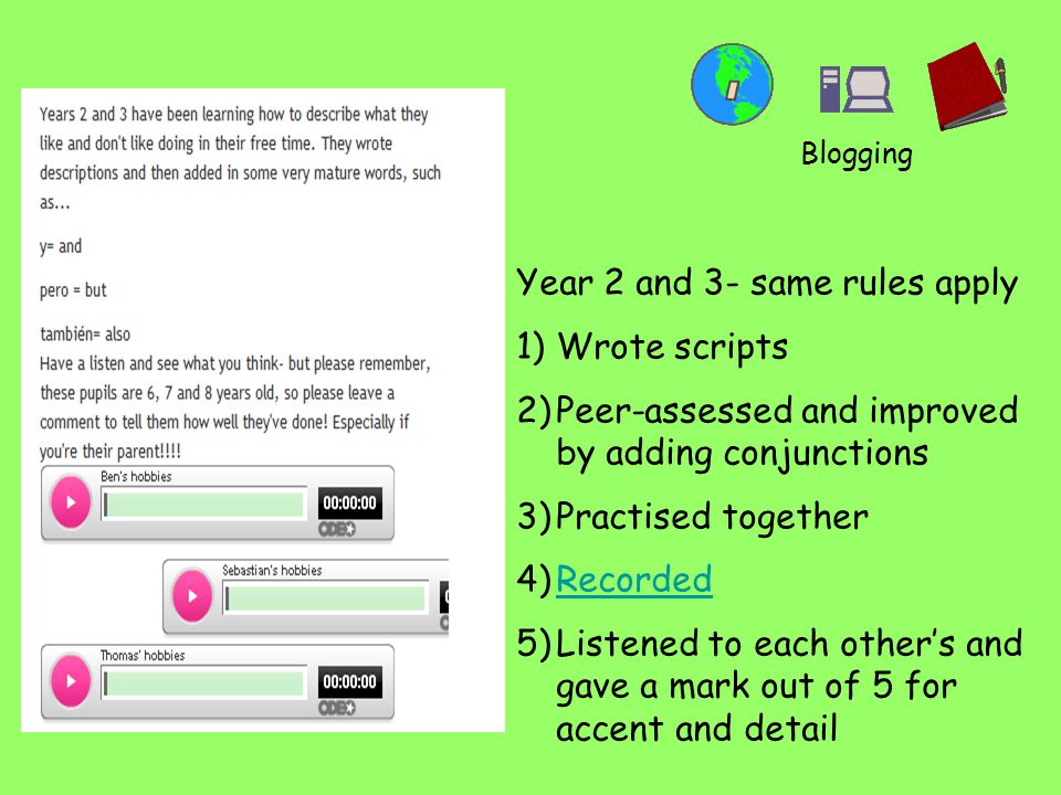 Blogging Year 2 and 3- same rules apply 1)Wrote scripts 2)Peer-assessed and improved by adding conjunctions 3)Practised together 4)RecordedRecorded 5)Listened to each other’s and gave a mark out of 5 for accent and detail