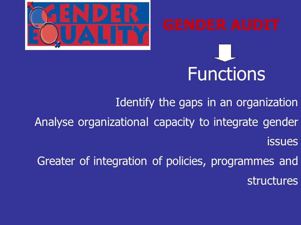Functions GENDER AUDIT Identify the gaps in an organization Analyse organizational capacity to integrate gender issues Greater of integration of policies, programmes and structures