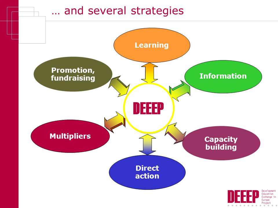 DE Promotion, fundraising Information Capacity building Direct action Learning Multipliers … and several strategies DEEEP