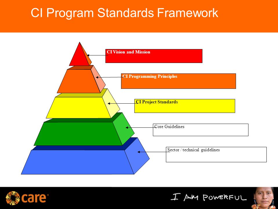 CI Program Standards Framework CI Vision and Mission CI Programming Principles Core Guidelines CI Project Standards Sector / technical guidelines