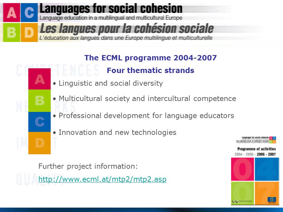 The ECML programme Four thematic strands Linguistic and social diversity Multicultural society and intercultural competence Professional development for language educators Innovation and new technologies Further project information: