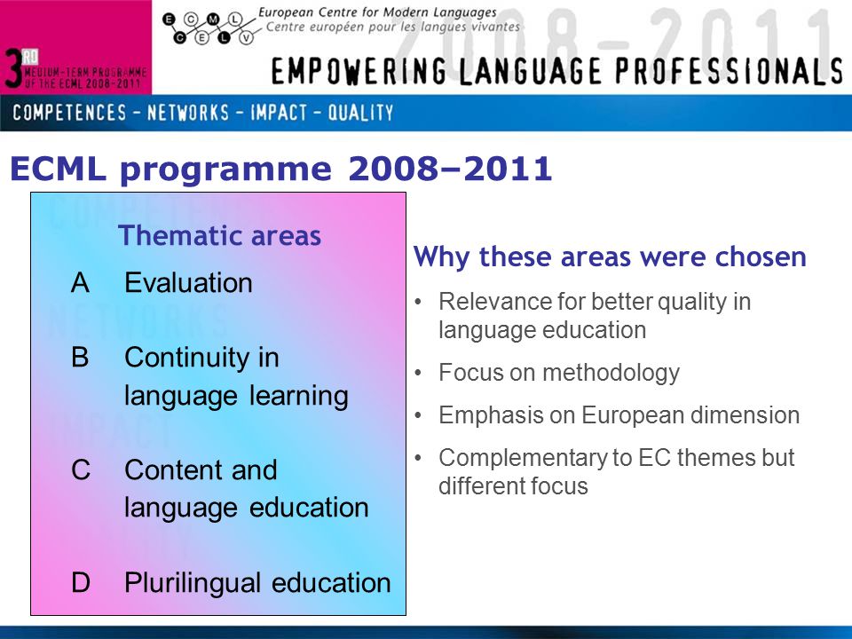 ECML programme 2008–2011 Thematic areas AEvaluation BContinuity in language learning CContent and language education DPlurilingual education Why these areas were chosen Relevance for better quality in language education Focus on methodology Emphasis on European dimension Complementary to EC themes but different focus