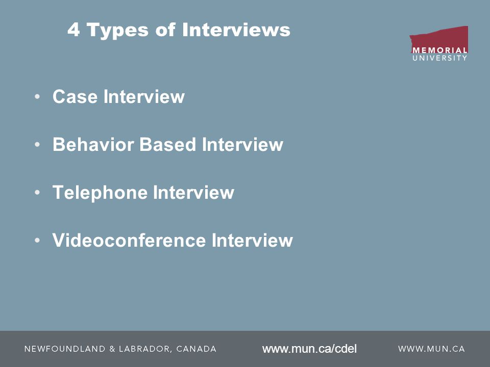 4 Types of Interviews Case Interview Behavior Based Interview Telephone Interview Videoconference Interview