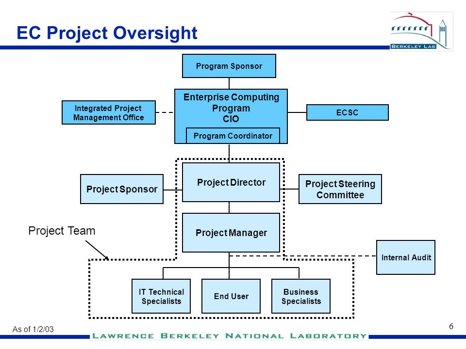 5 IT Technical Specialists Project Steering Committee End User BusinessSpecialists Internal Audit EC Project Structure Project Team Project Sponsor Project Director Project Manager As of 1/2/03