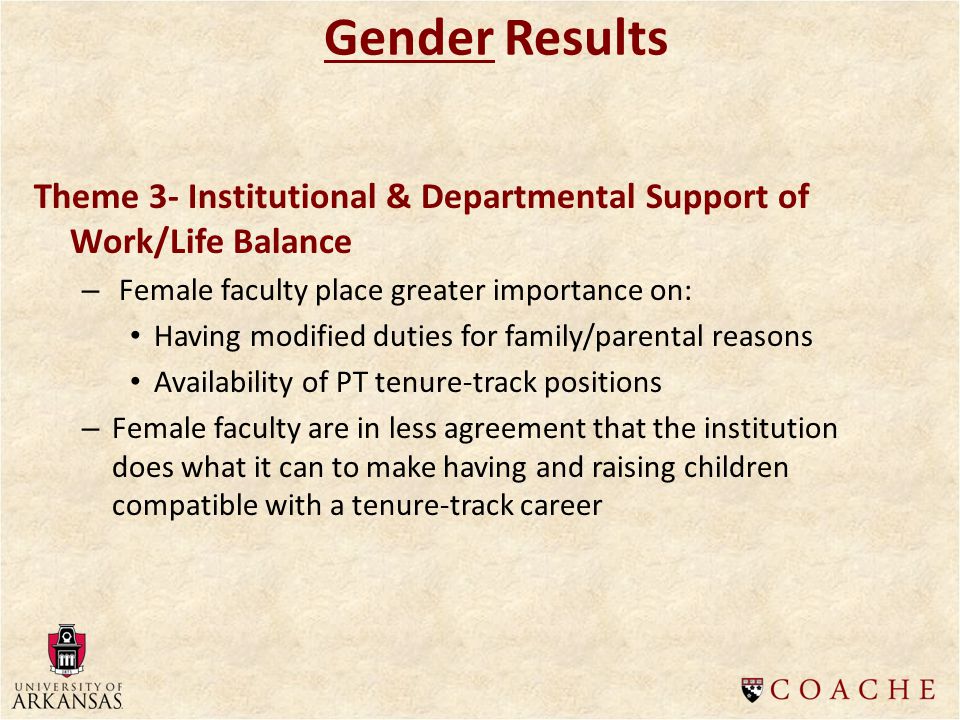 Gender Results Theme 3- Institutional & Departmental Support of Work/Life Balance – Female faculty place greater importance on: Having modified duties for family/parental reasons Availability of PT tenure-track positions – Female faculty are in less agreement that the institution does what it can to make having and raising children compatible with a tenure-track career