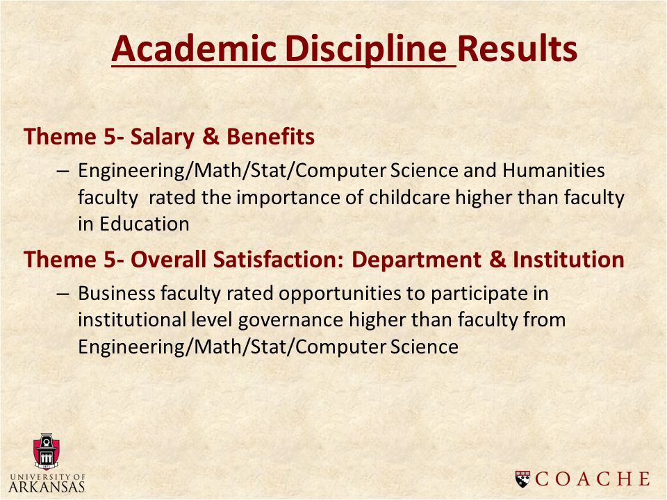 Academic Discipline Results Theme 5- Salary & Benefits – Engineering/Math/Stat/Computer Science and Humanities faculty rated the importance of childcare higher than faculty in Education Theme 5- Overall Satisfaction: Department & Institution – Business faculty rated opportunities to participate in institutional level governance higher than faculty from Engineering/Math/Stat/Computer Science