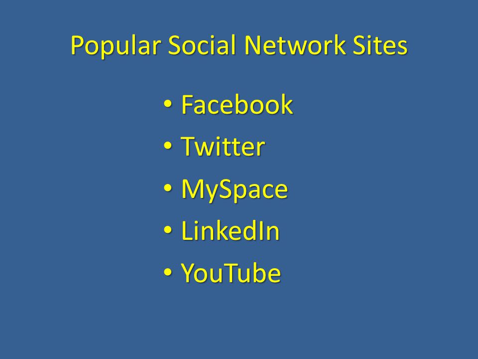 Popular Social Network Sites Facebook Facebook Twitter Twitter MySpace MySpace LinkedIn LinkedIn YouTube YouTube