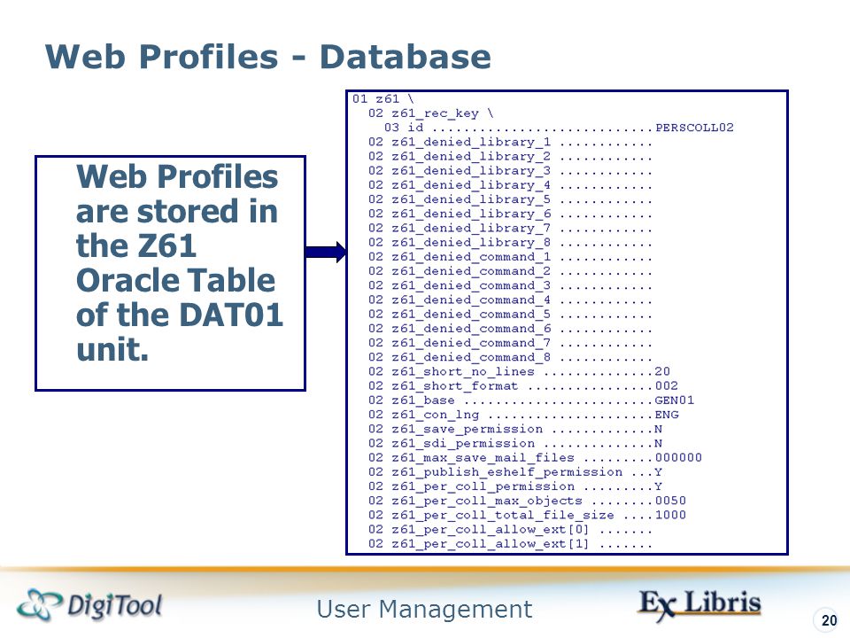 User Management 20 Web Profiles - Database Web Profiles are stored in the Z61 Oracle Table of the DAT01 unit.