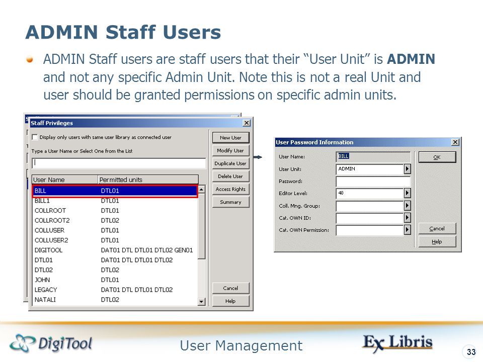 User Management 33 ADMIN Staff Users ADMIN Staff users are staff users that their User Unit is ADMIN and not any specific Admin Unit.